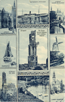 602755 Afbeelding van een prentbriefkaart met verschillende Nederlandse taferelen waaronder vier tegels waarop Achter ...